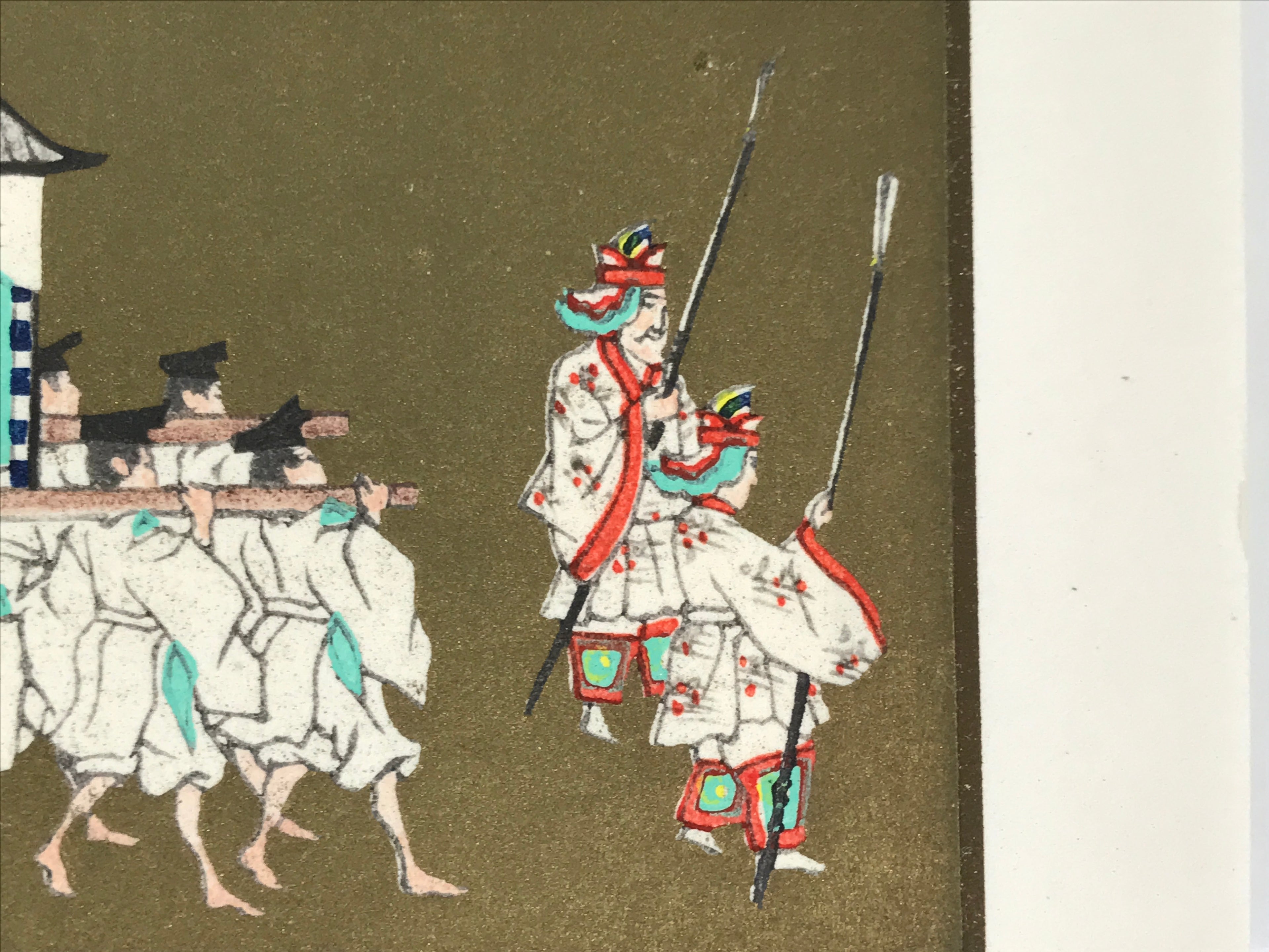 Japanese Woodblock Print Paper Card Vtg Emperor Procession Gold P390