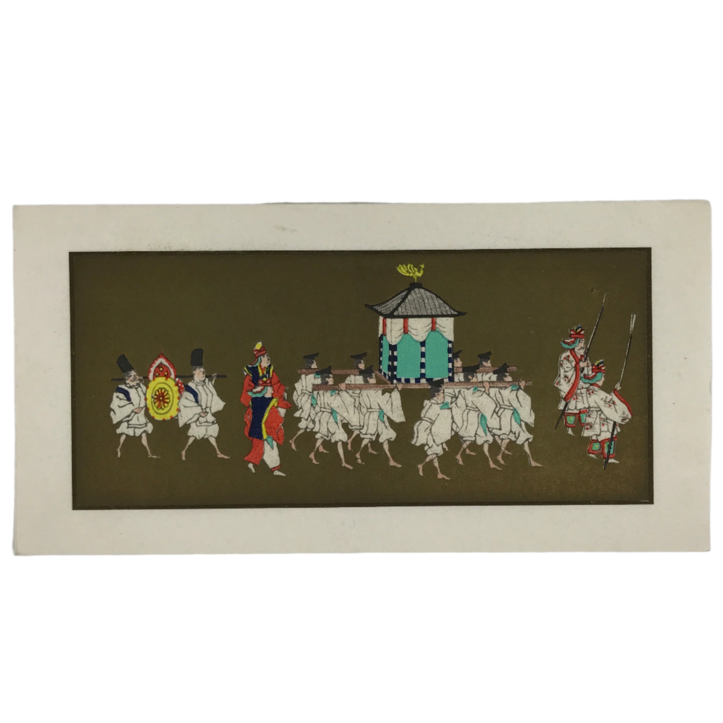 Japanese Woodblock Print Paper Card Vtg Emperor Procession Gold P390