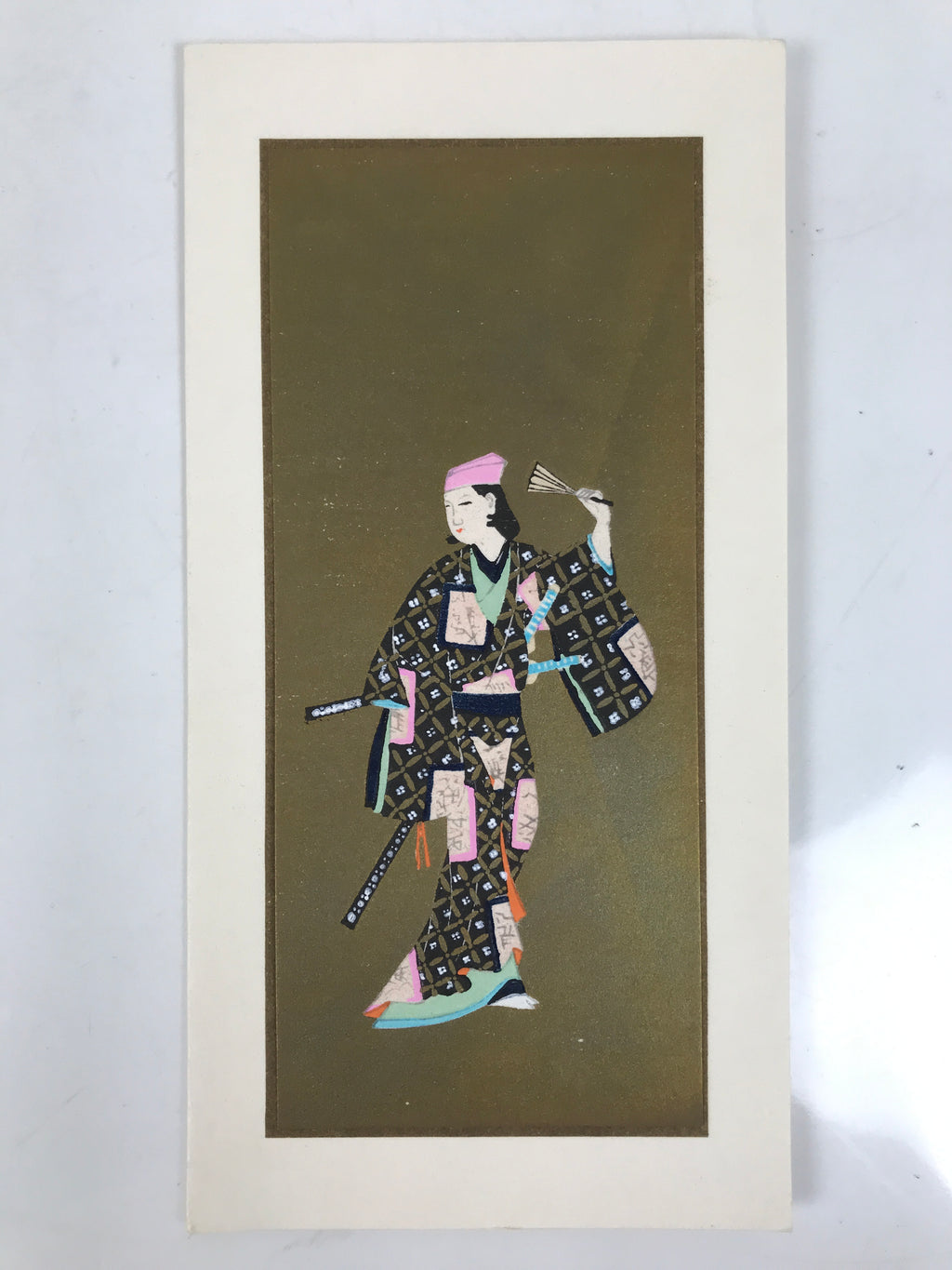 Japanese Woodblock Print Paper Card Vtg Geisha Kimono Kabuki Gold P391