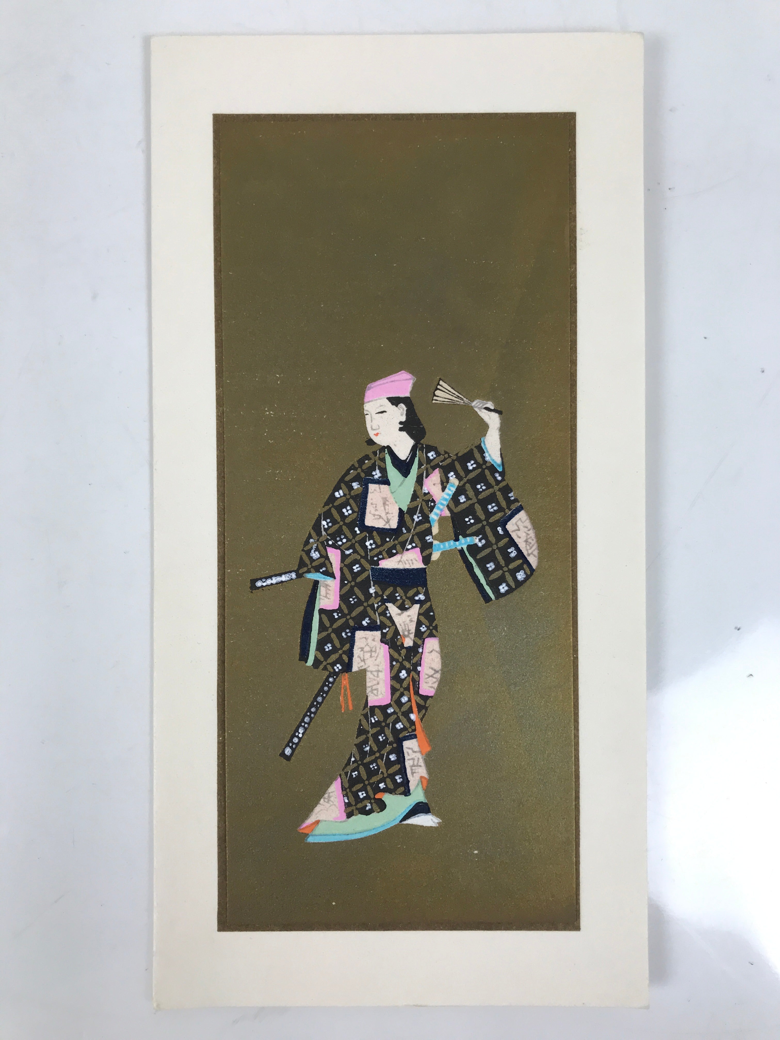 Japanese Woodblock Print Paper Card Vtg Geisha Kimono Kabuki Gold P391
