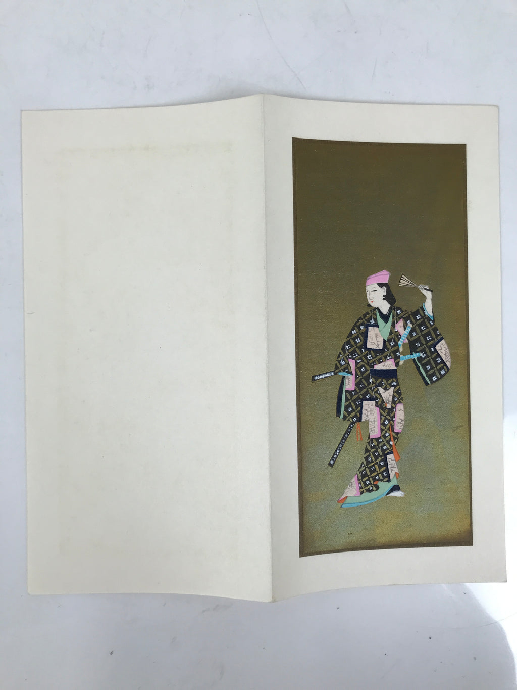 Japanese Woodblock Print Paper Card Vtg Geisha Kimono Kabuki Gold P391