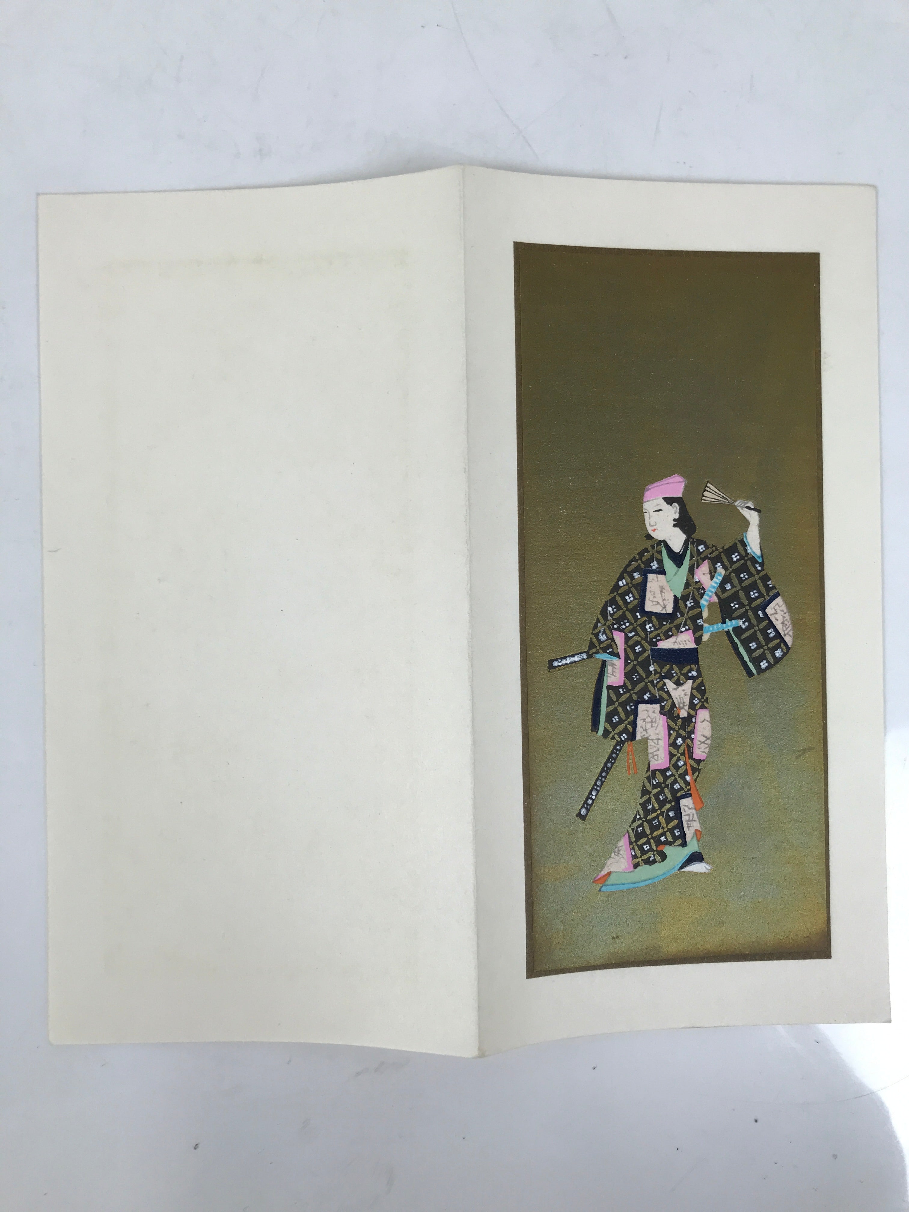 Japanese Woodblock Print Paper Card Vtg Geisha Kimono Kabuki Gold P391