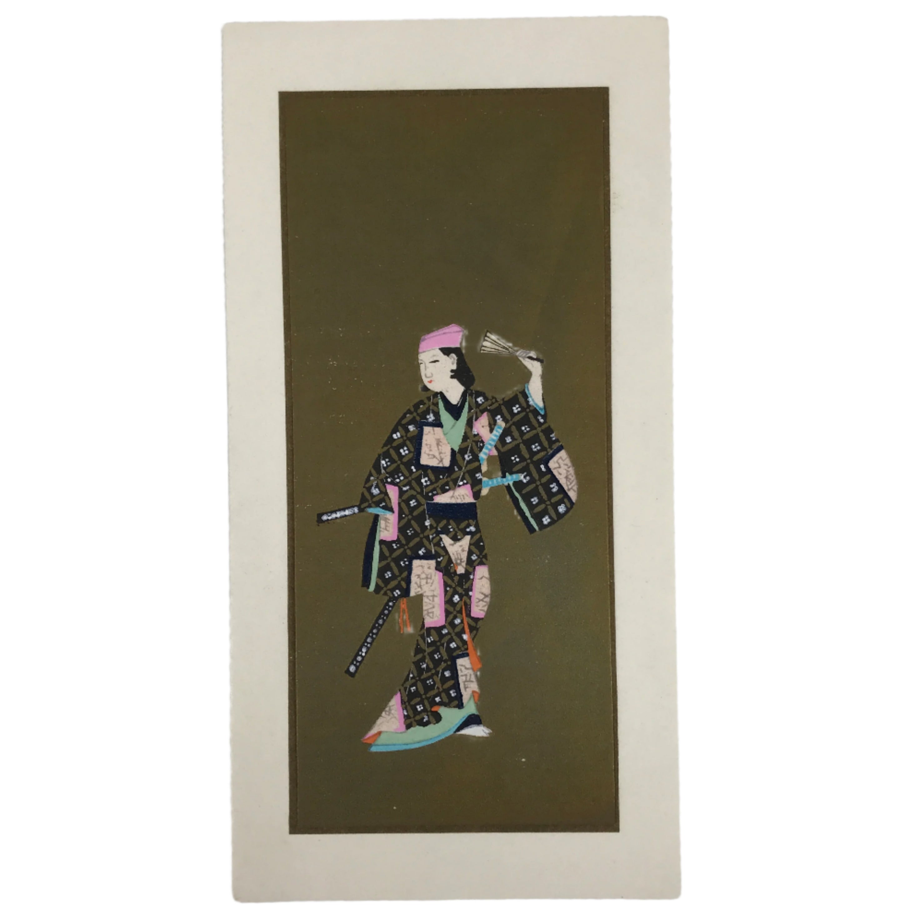 Japanese Woodblock Print Paper Card Vtg Geisha Kimono Kabuki Gold P391