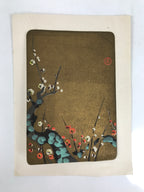 Japanese Woodblock Print Paper Card Vtg Plum Blossoms Ume Gold P386