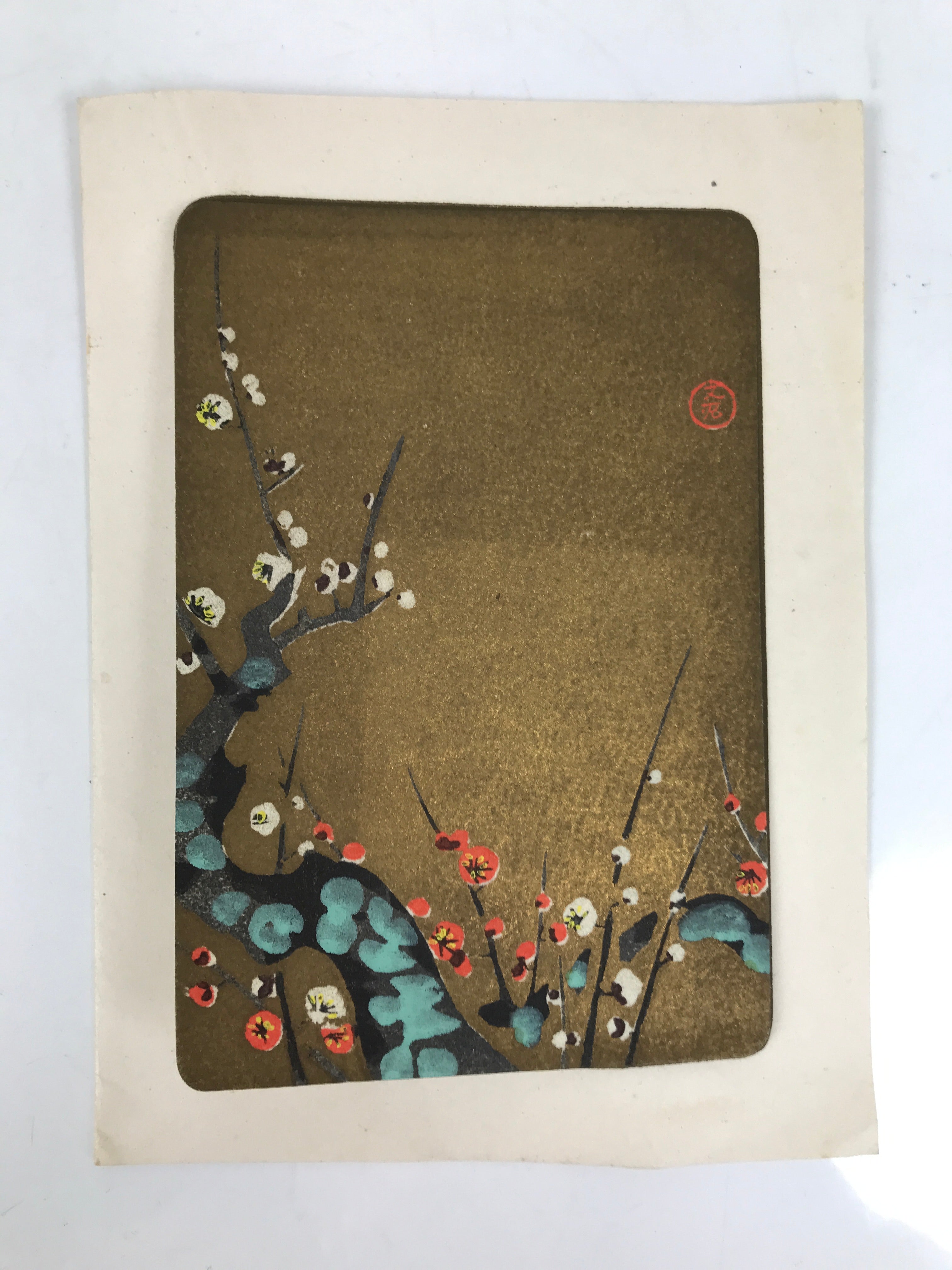 Japanese Woodblock Print Paper Card Vtg Plum Blossoms Ume Gold P386