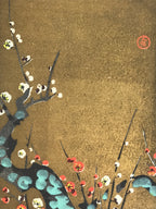 Japanese Woodblock Print Paper Card Vtg Plum Blossoms Ume Gold P386