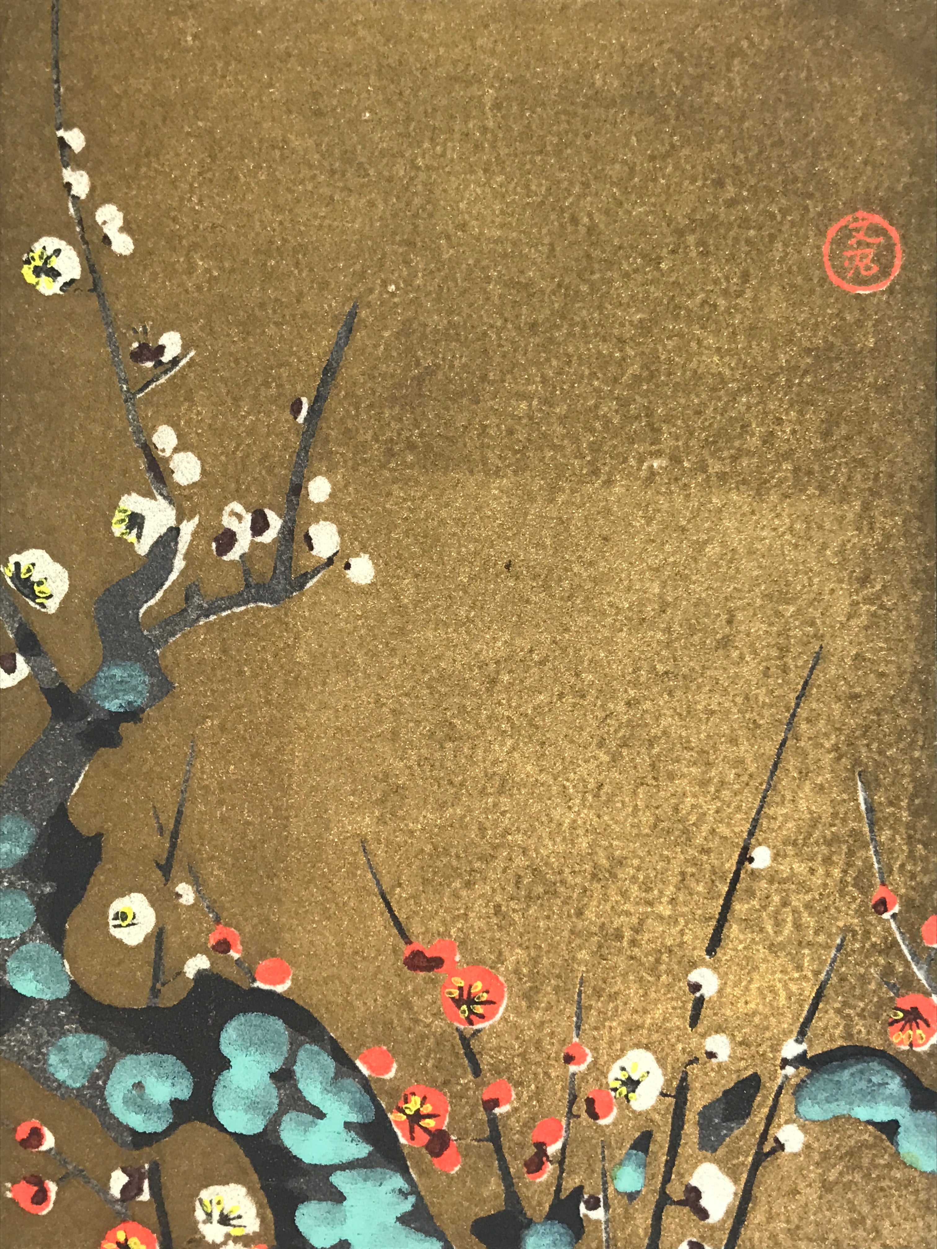 Japanese Woodblock Print Paper Card Vtg Plum Blossoms Ume Gold P386