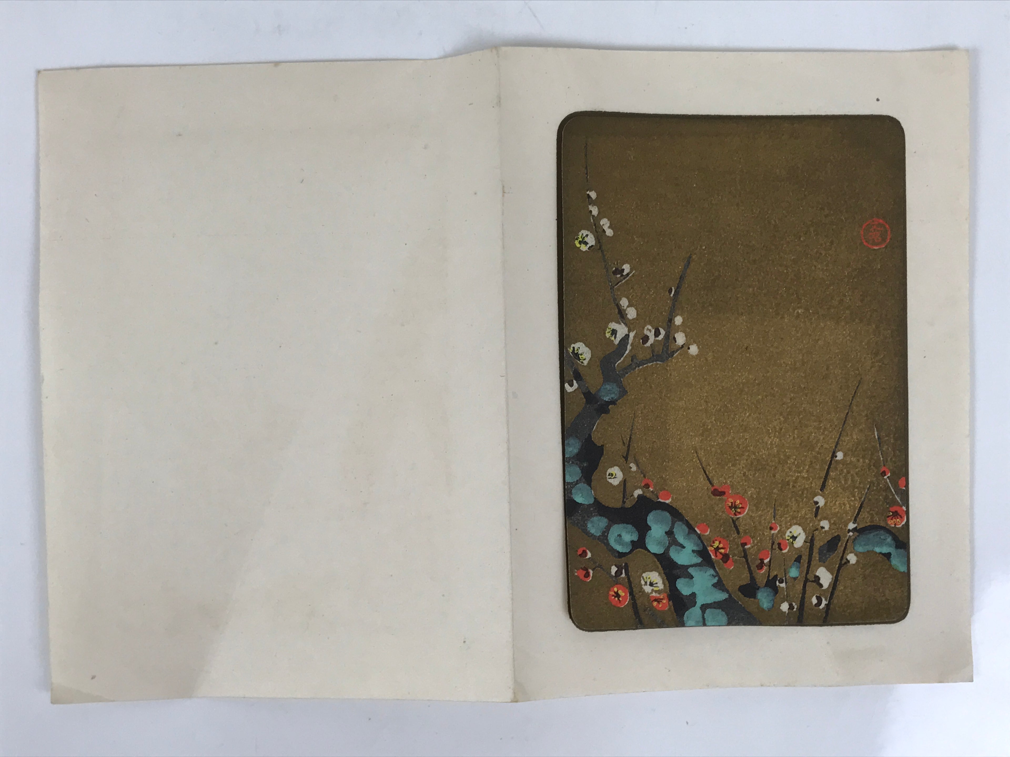 Japanese Woodblock Print Paper Card Vtg Plum Blossoms Ume Gold P386