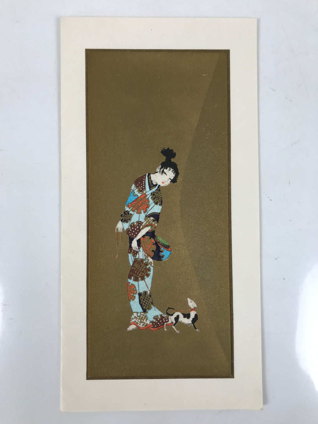 Japanese Woodblock Print Reproduction Vtg Woman Dog Kimono Ukiyoe Gold P394