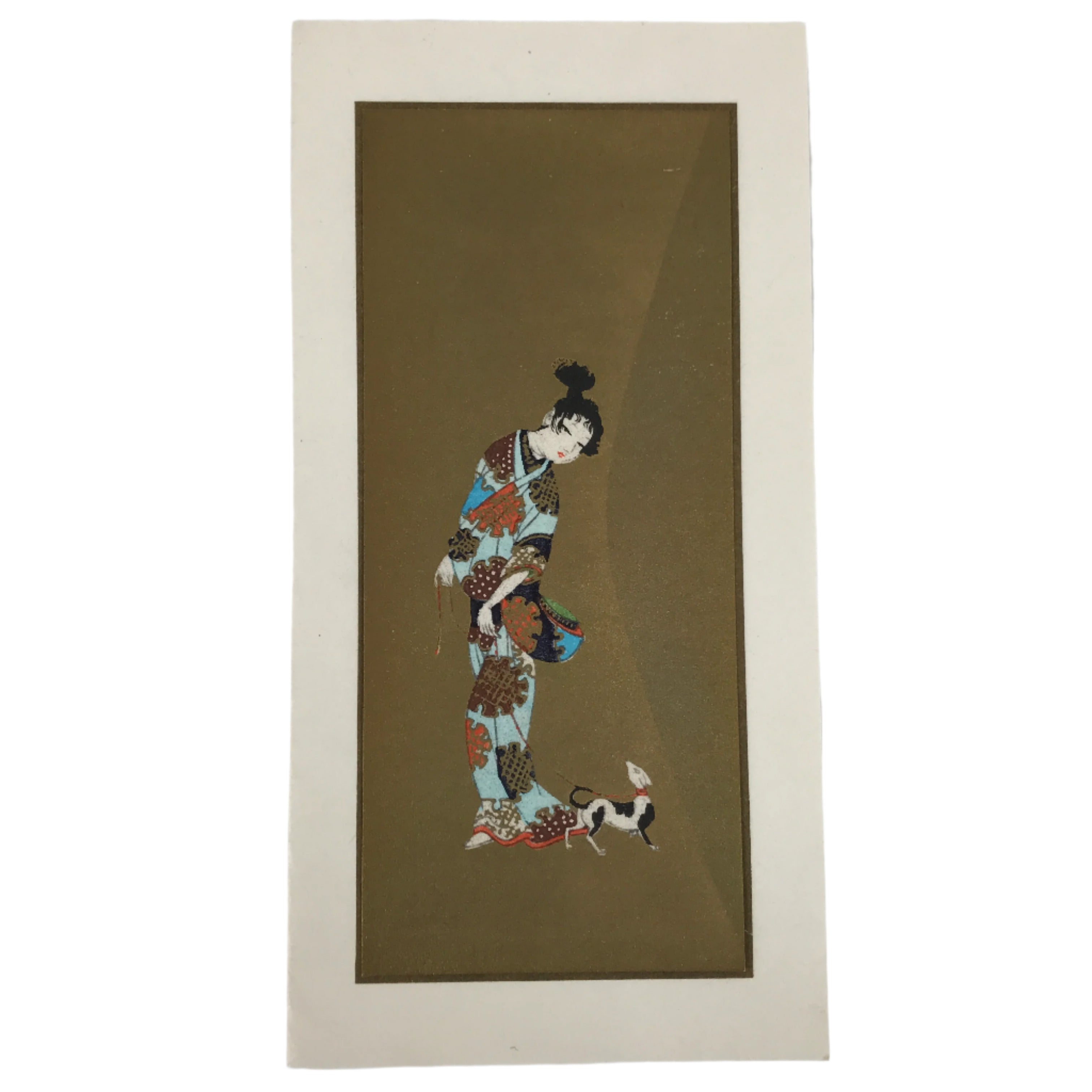 Japanese Woodblock Print Reproduction Vtg Woman Dog Kimono Ukiyoe Gold P394