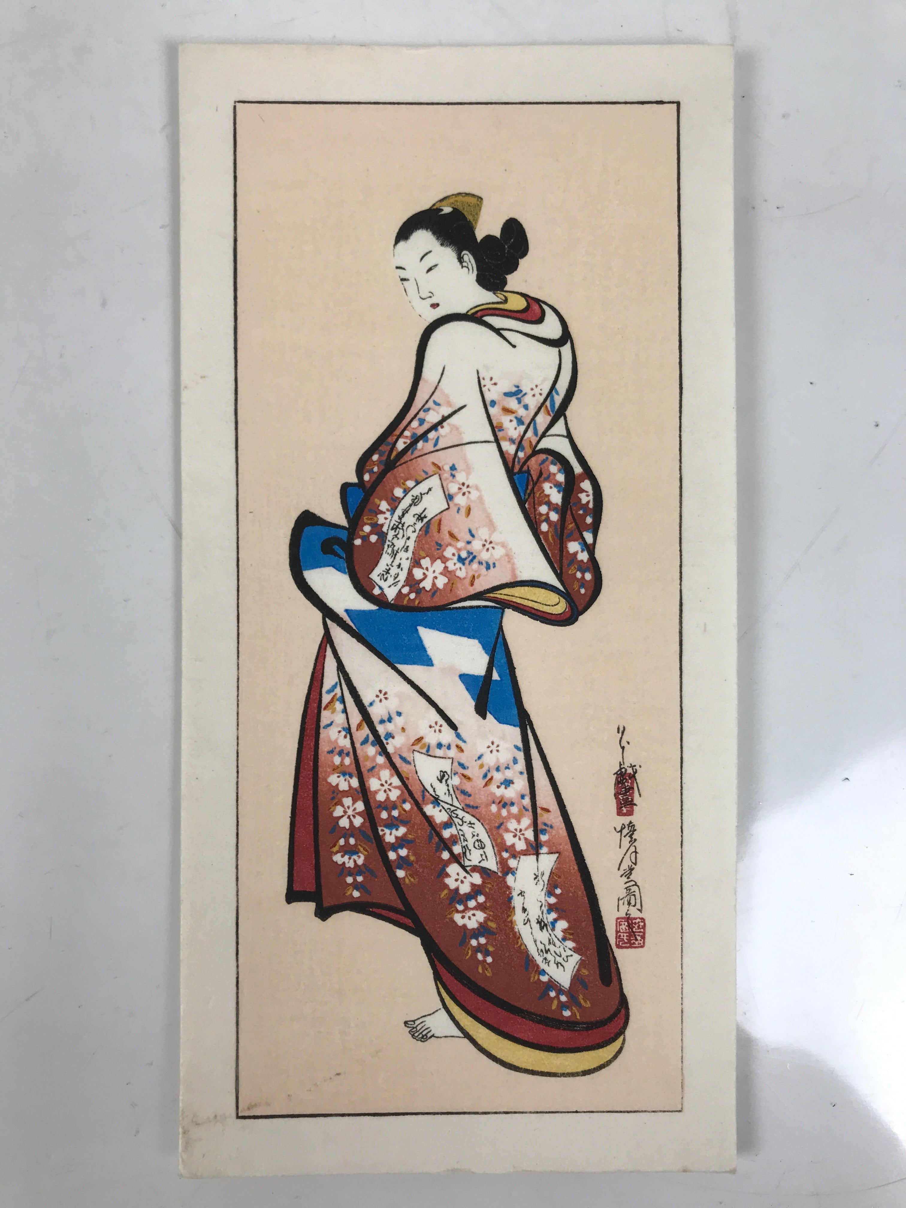 Japanese Woodblock Print Vtg Barefoot Woman Kimono Ukiyoe Bijinga P393