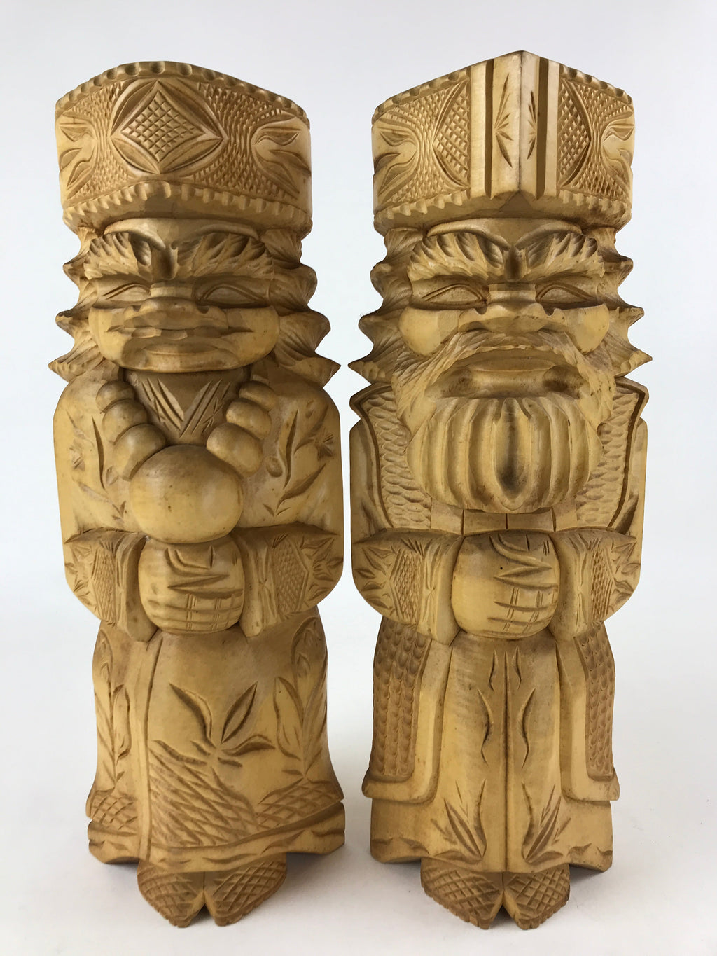 Japanese Wooden Ainu Nipopo Statue Vtg 2pc Large Okimono Hokkaido Brown AB109