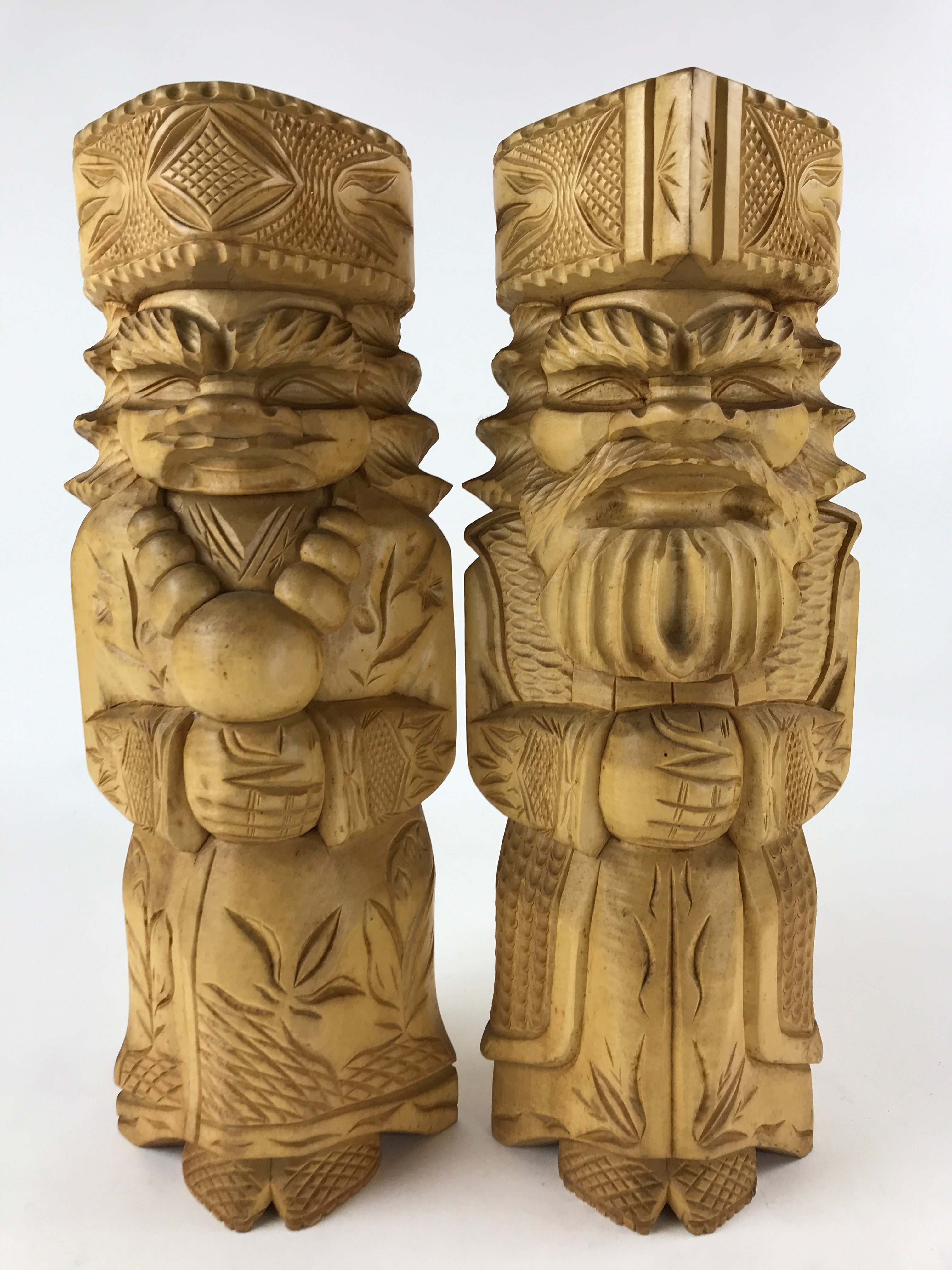 Japanese Wooden Ainu Nipopo Statue Vtg 2pc Large Okimono Hokkaido Brown AB109