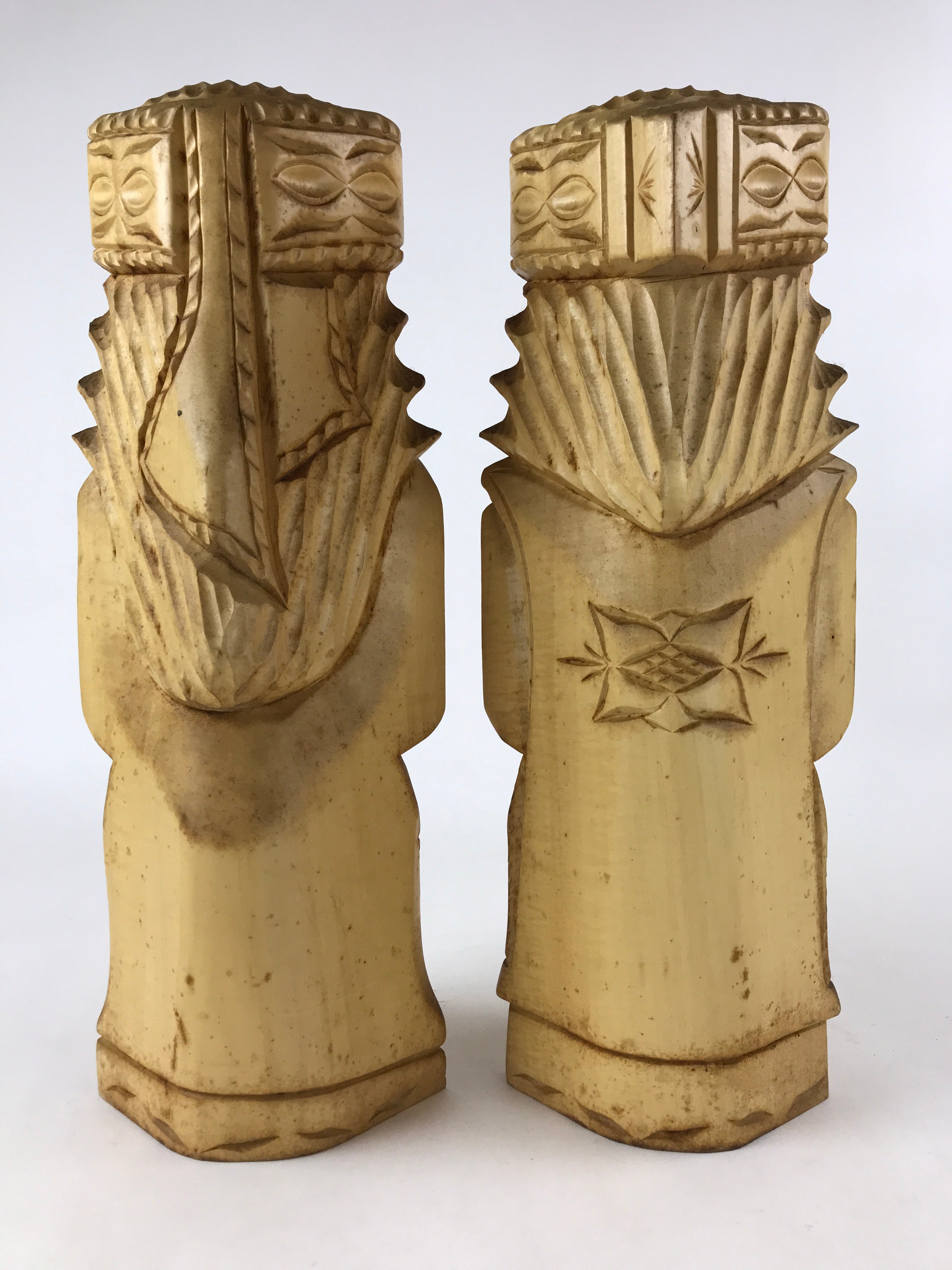 Japanese Wooden Ainu Nipopo Statue Vtg 2pc Large Okimono Hokkaido Brown AB109