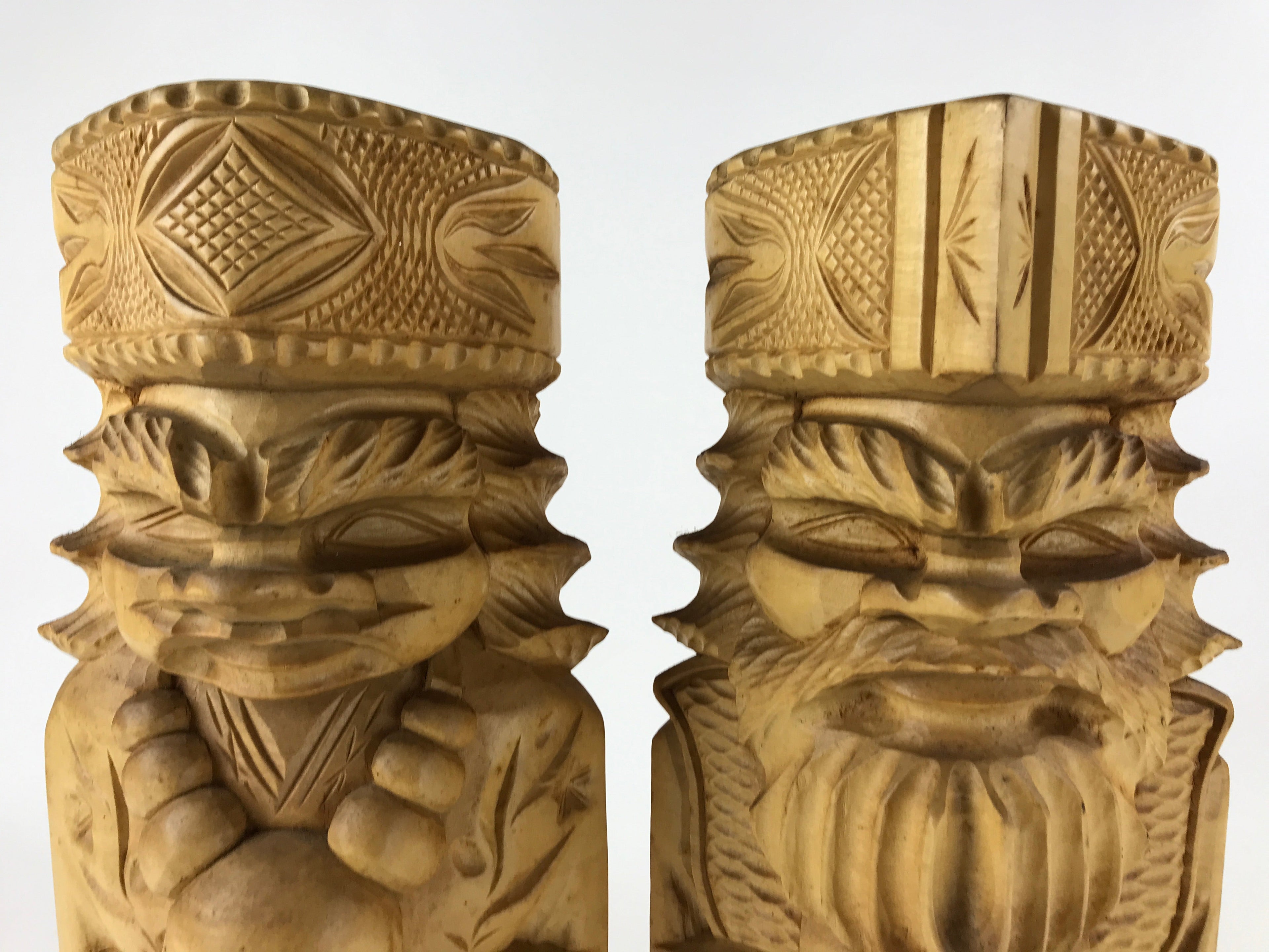 Japanese Wooden Ainu Nipopo Statue Vtg 2pc Large Okimono Hokkaido Brown AB109