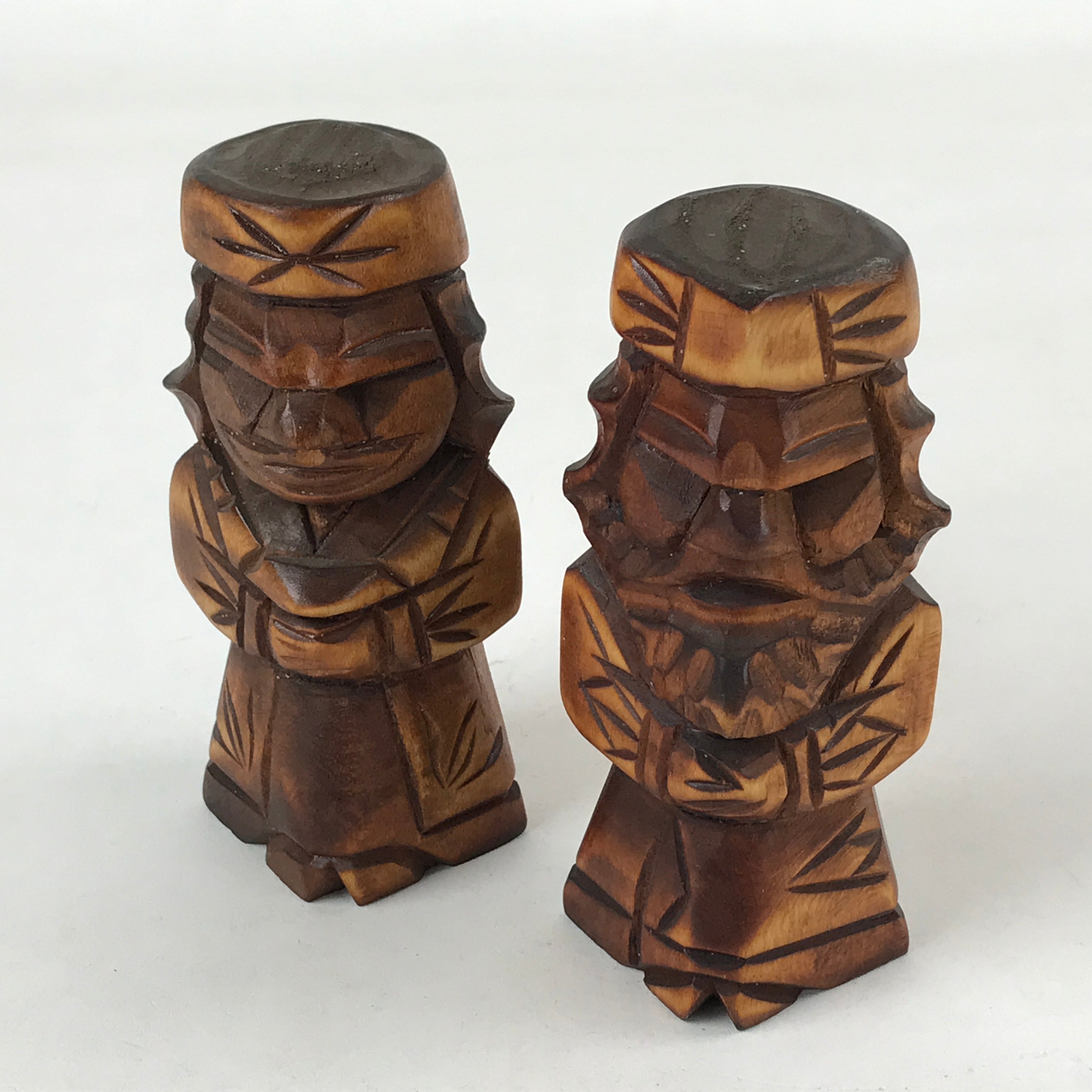 Japanese Wooden Ainu Nipopo Statue Vtg 2pc Small Okimono Hokkaido Brown AB110