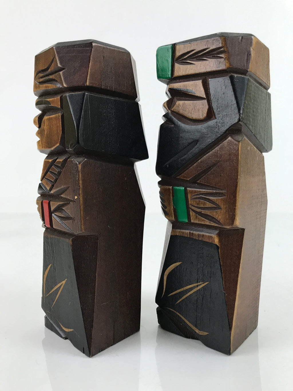 Japanese Wooden Ainu Nipopo Statue Vtg 2pc Small Okimono Hokkaido Brown AB113