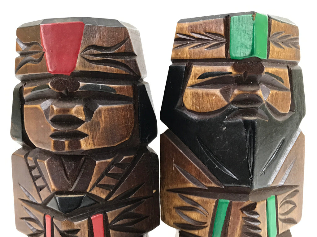 Japanese Wooden Ainu Nipopo Statue Vtg 2pc Small Okimono Hokkaido Brown AB113