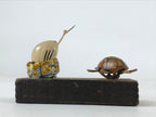 Japanese Wooden Bobbling Figurine Turtle Crane Vtg Kame Tsuru Decoration KF668