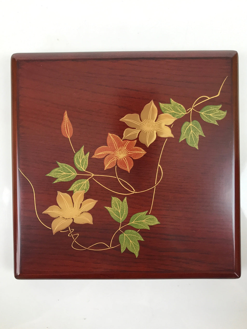 Japanese Wooden Brushed Lacquer Bento Box 3 Tier Vtg Jubako Makie Flowers LWB94