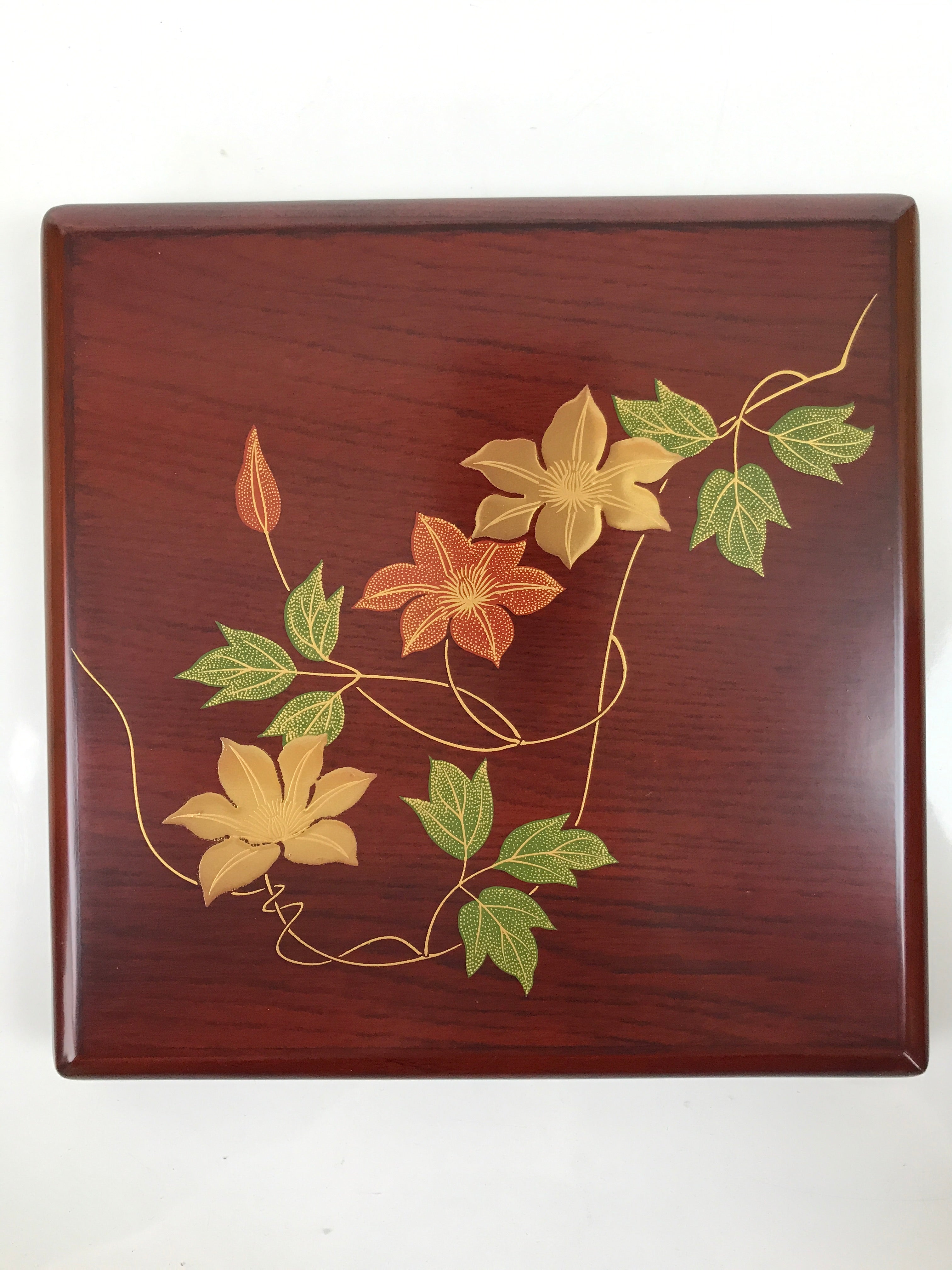 Japanese Wooden Brushed Lacquer Bento Box 3 Tier Vtg Jubako Makie Flowers LWB94