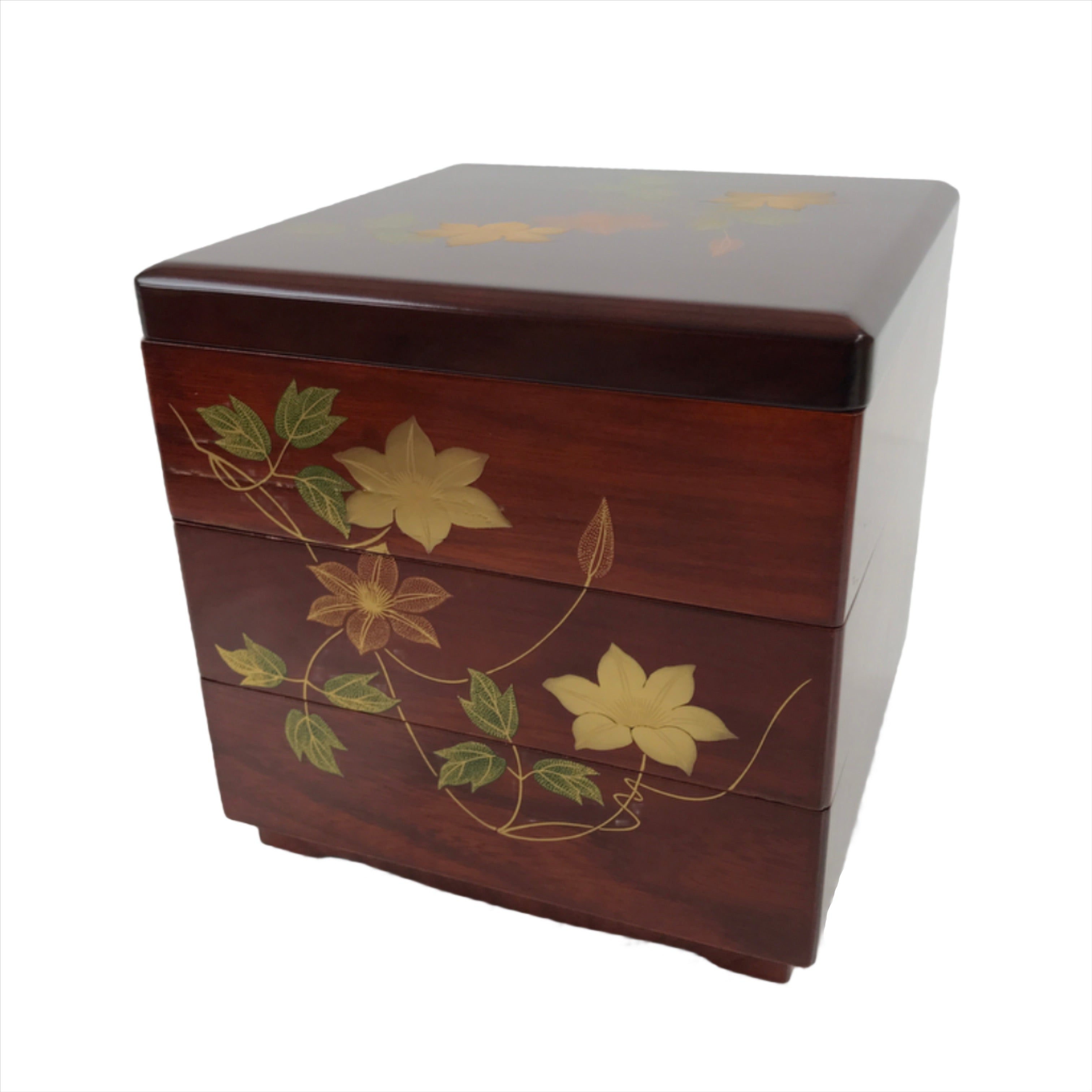 Japanese Wooden Brushed Lacquer Bento Box 3 Tier Vtg Jubako Makie Flowers LWB94