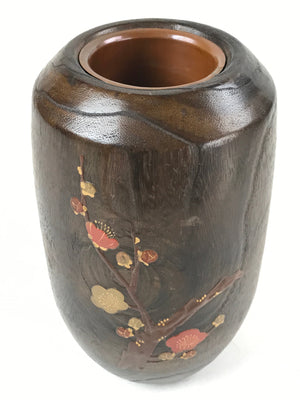 Japanese Wooden Brushed Lacquer Flower Vase Kabin Ikebana Makie Ume Plum FK87