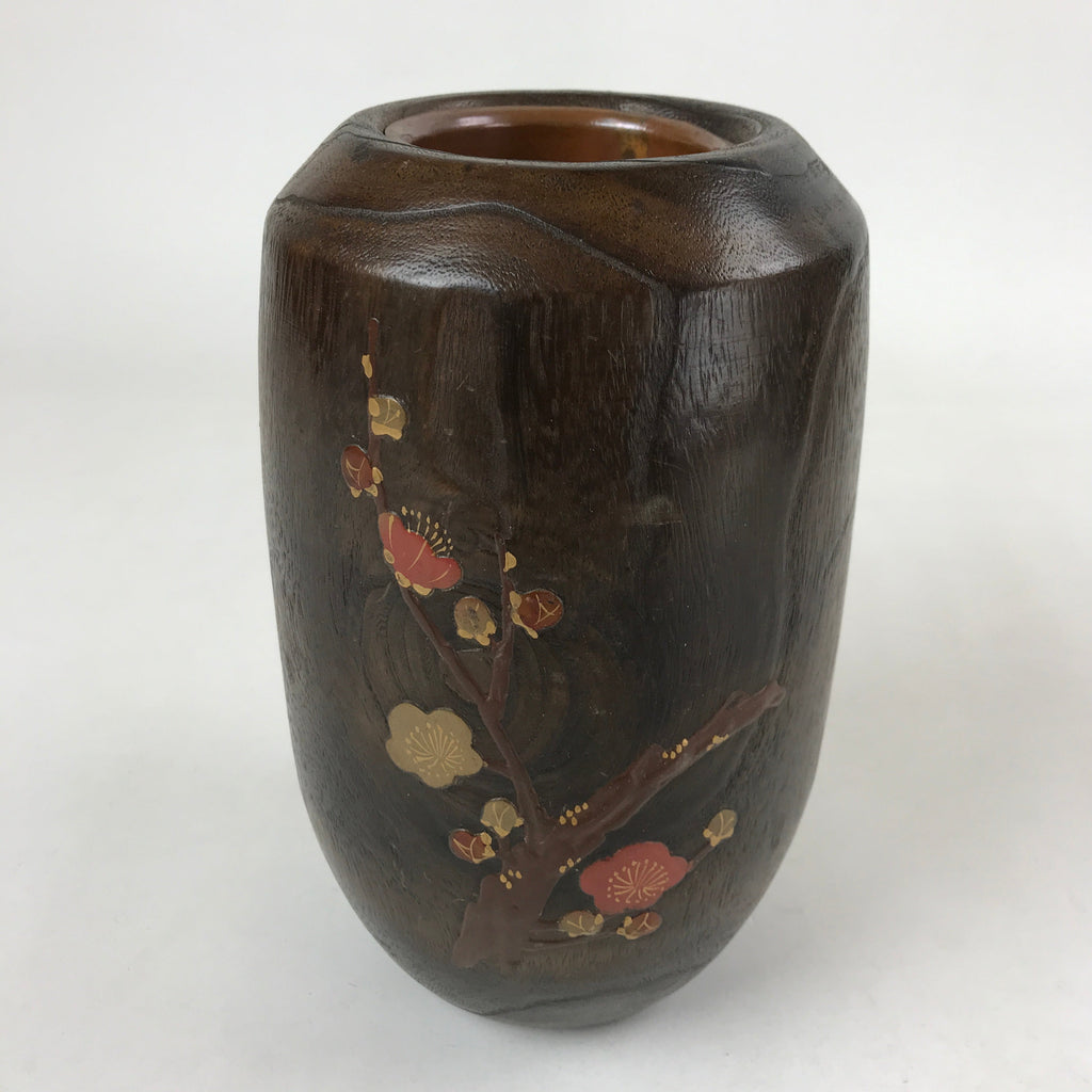 Japanese Wooden Brushed Lacquer Flower Vase Kabin Ikebana Makie Ume Plum FK87