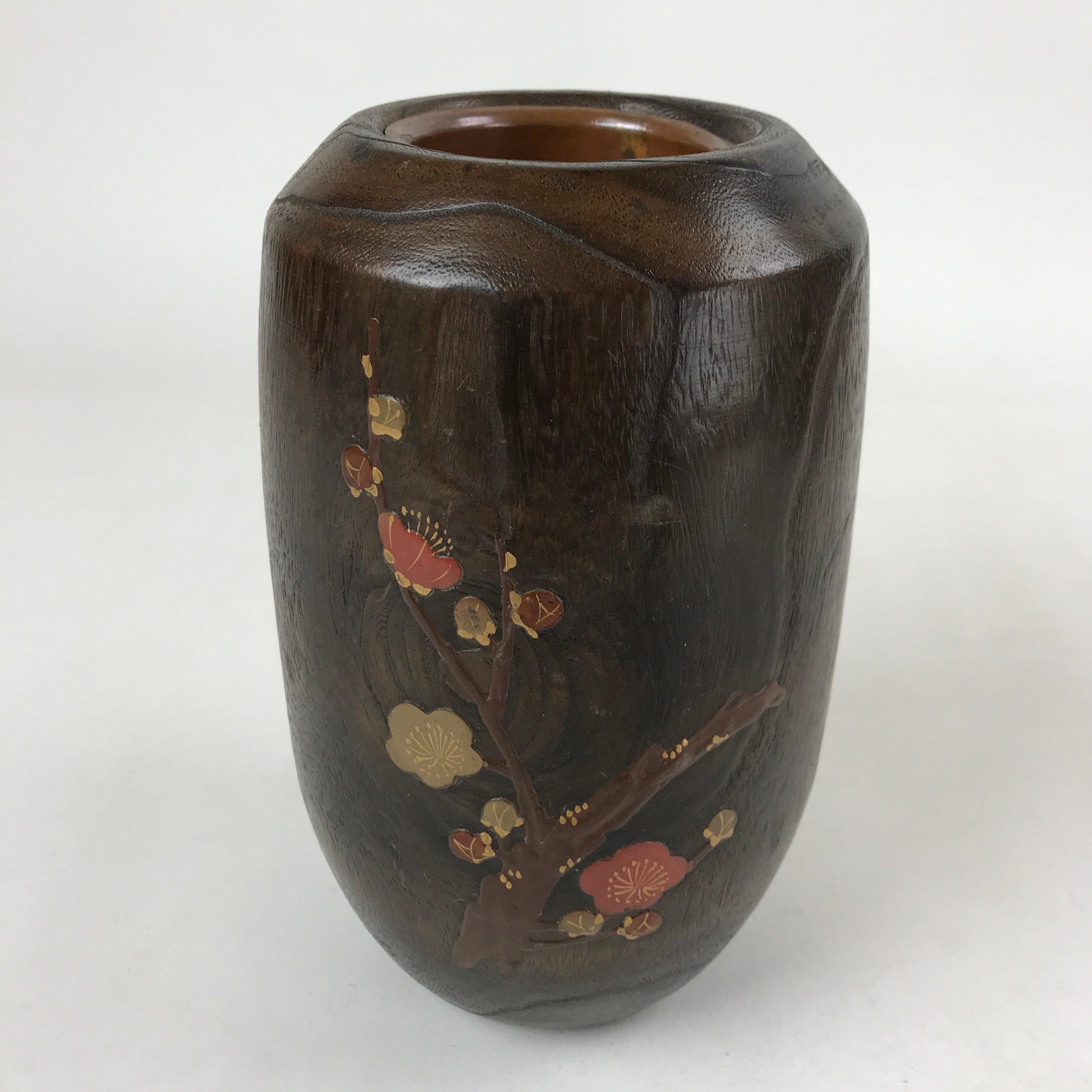 Japanese Wooden Brushed Lacquer Flower Vase Kabin Ikebana Makie Ume Plum FK87