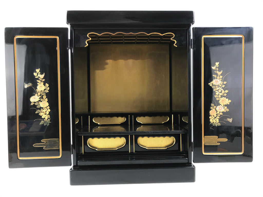 Japanese Wooden Buddhist Altar Cabinet Butsudan Vtg Makie Raden Black Gold BA601