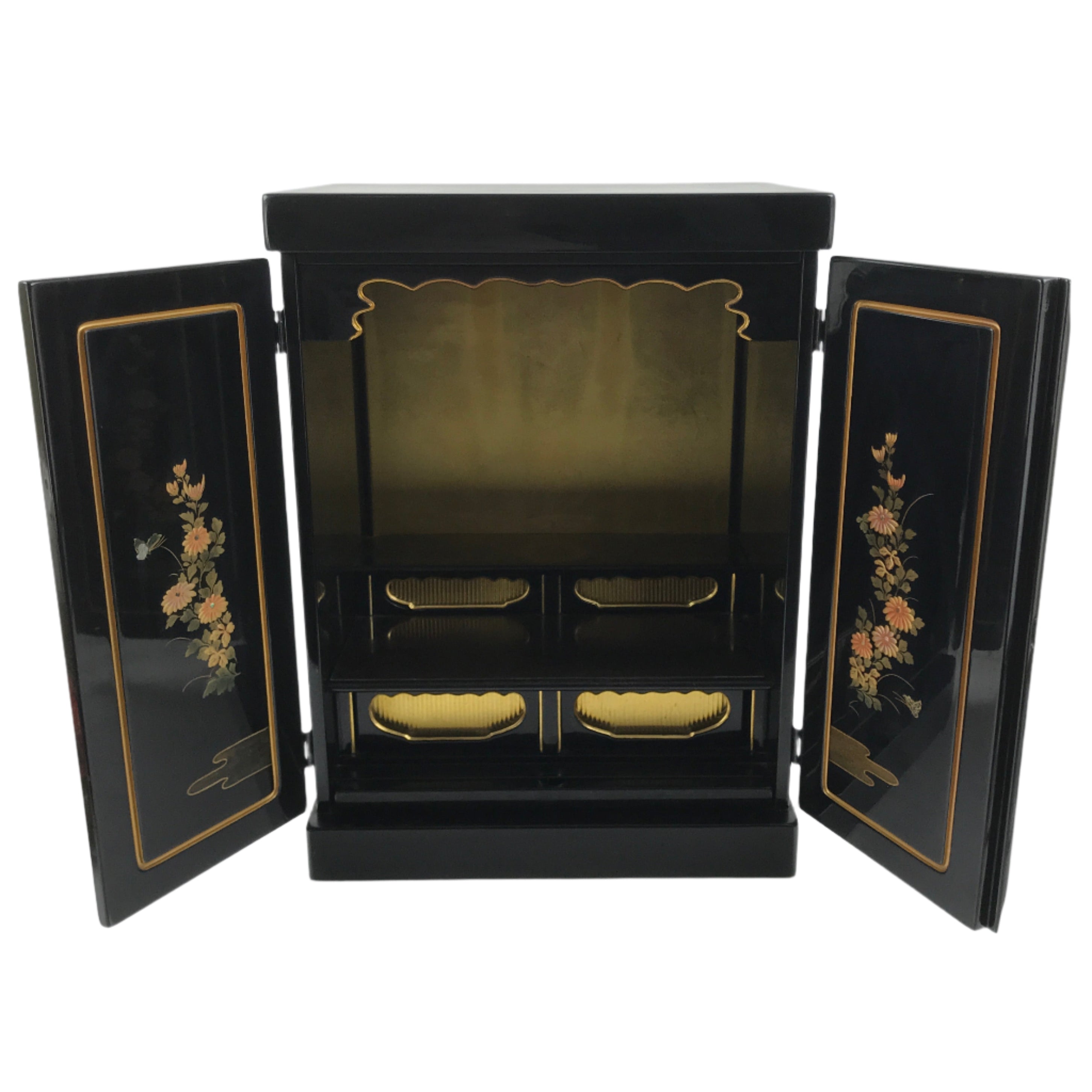 Japanese Wooden Buddhist Altar Cabinet Butsudan Vtg Makie Raden Black Gold BA601