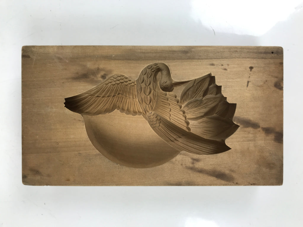 Japanese Wooden Carved Kashigata Cake Mold Sweet Wagashi Rising Sun Crane Kg629