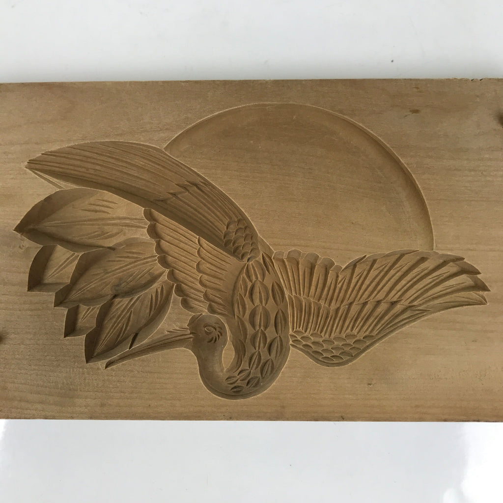 Japanese Wooden Carved Kashigata Cake Mold Sweet Wagashi Rising Sun Crane Kg629