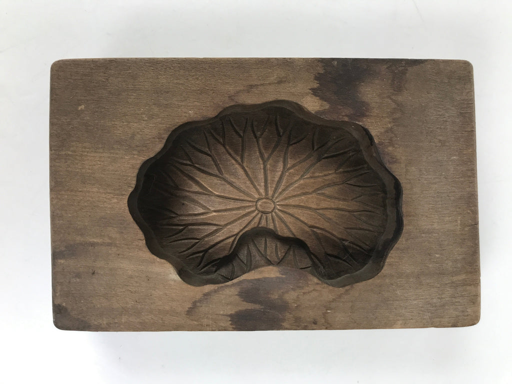 Japanese Wooden Carved Kashigata Cake Mold Vtg Sweet Wagashi Lotus Leaf Kg601