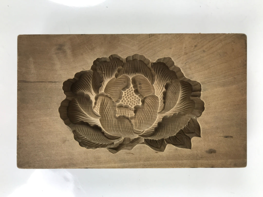 Japanese Wooden Carved Kashigata Cake Mold Vtg Sweet Wagashi Peony Botan Kg626