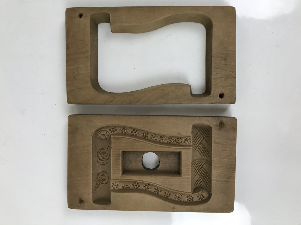 Japanese Wooden Carved Kashigata Cake Mold Vtg Sweet Wagashi Scroll Frame Kg611