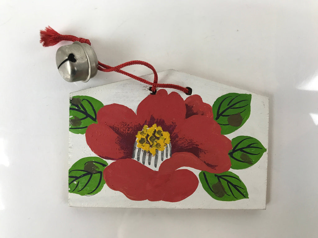 Japanese Wooden Charm Plaque Ema Vtg Camellia Flower Kamakura Bell Color EM86