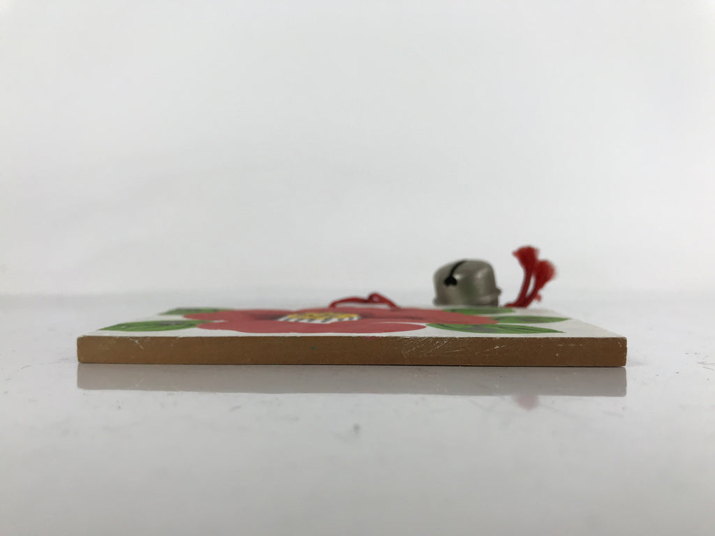 Japanese Wooden Charm Plaque Ema Vtg Camellia Flower Kamakura Bell Color EM86