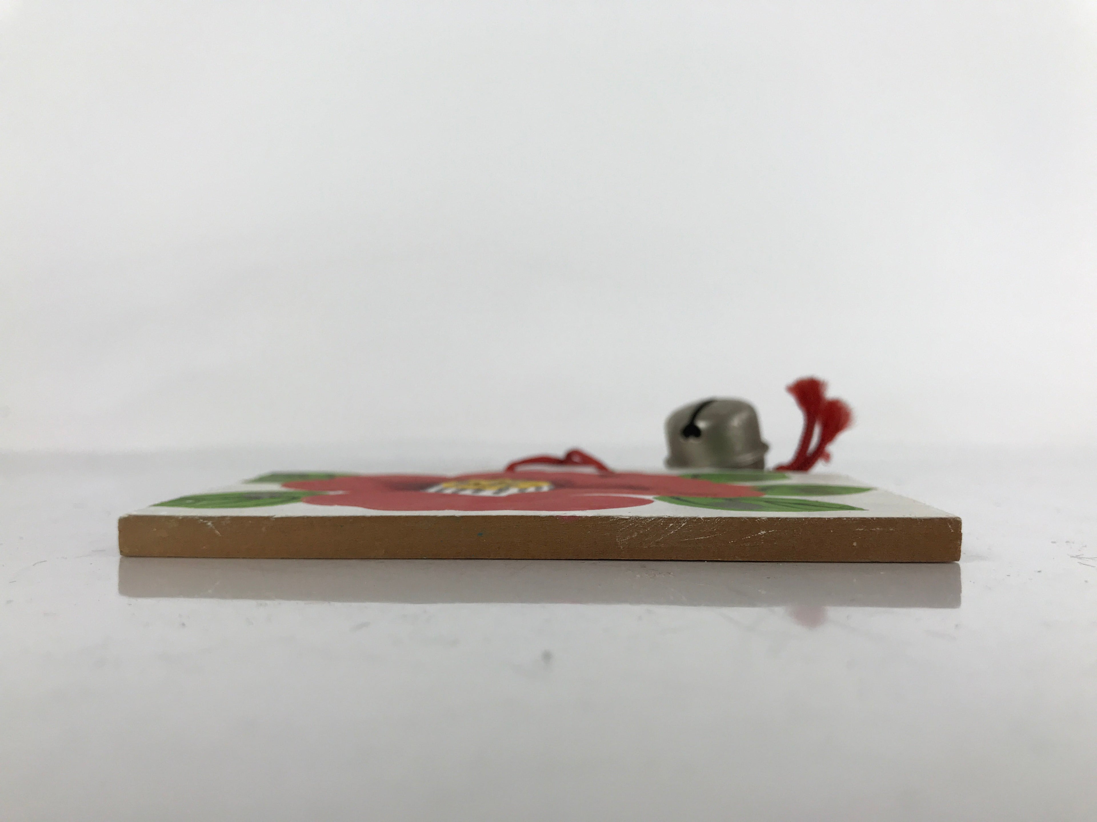 Japanese Wooden Charm Plaque Ema Vtg Camellia Flower Kamakura Bell Color EM86