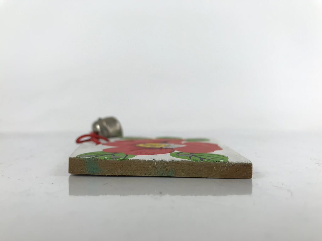Japanese Wooden Charm Plaque Ema Vtg Camellia Flower Kamakura Bell Color EM86