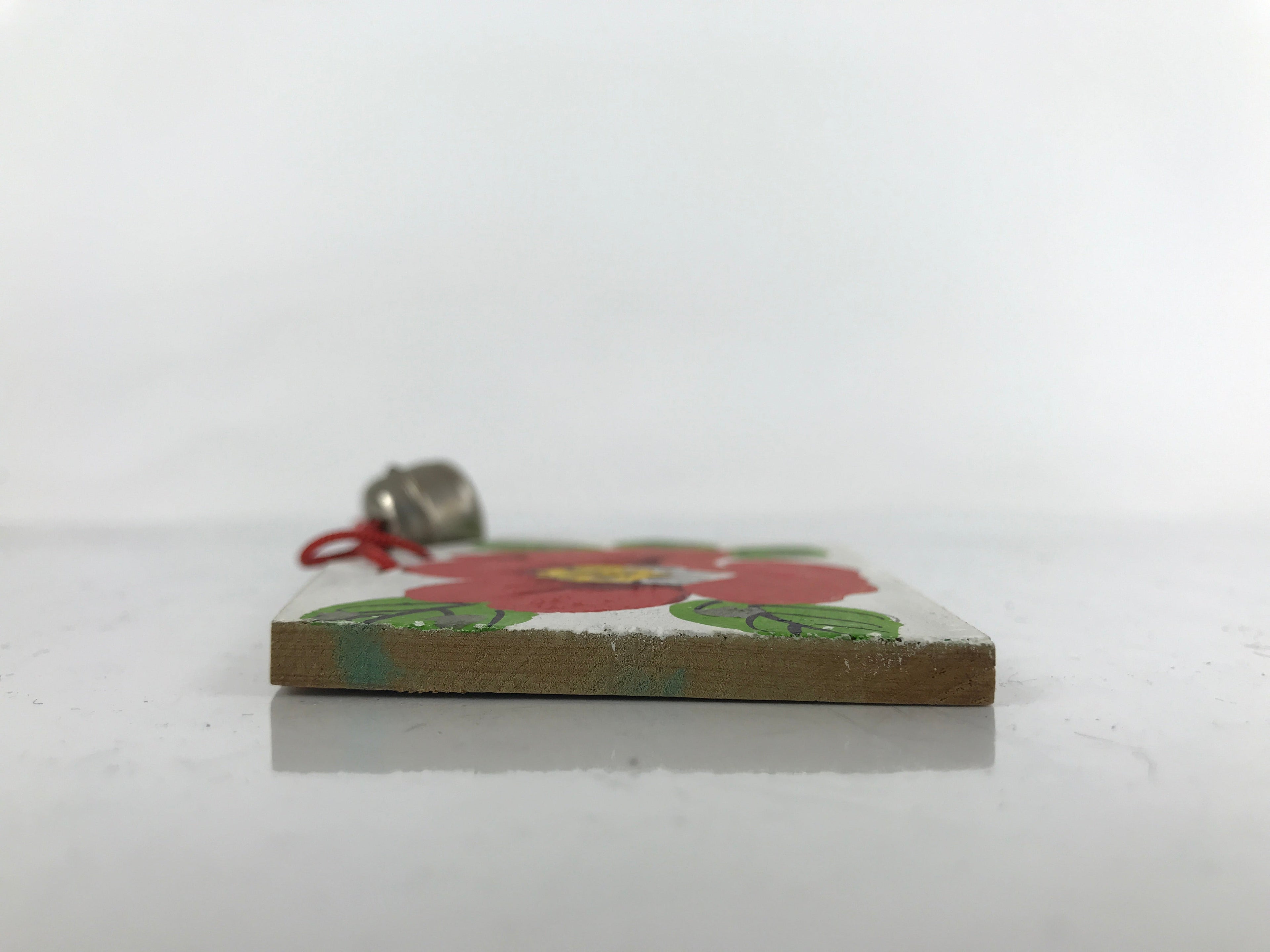 Japanese Wooden Charm Plaque Ema Vtg Camellia Flower Kamakura Bell Color EM86