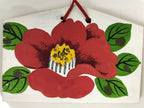 Japanese Wooden Charm Plaque Ema Vtg Camellia Flower Kamakura Bell Color EM86