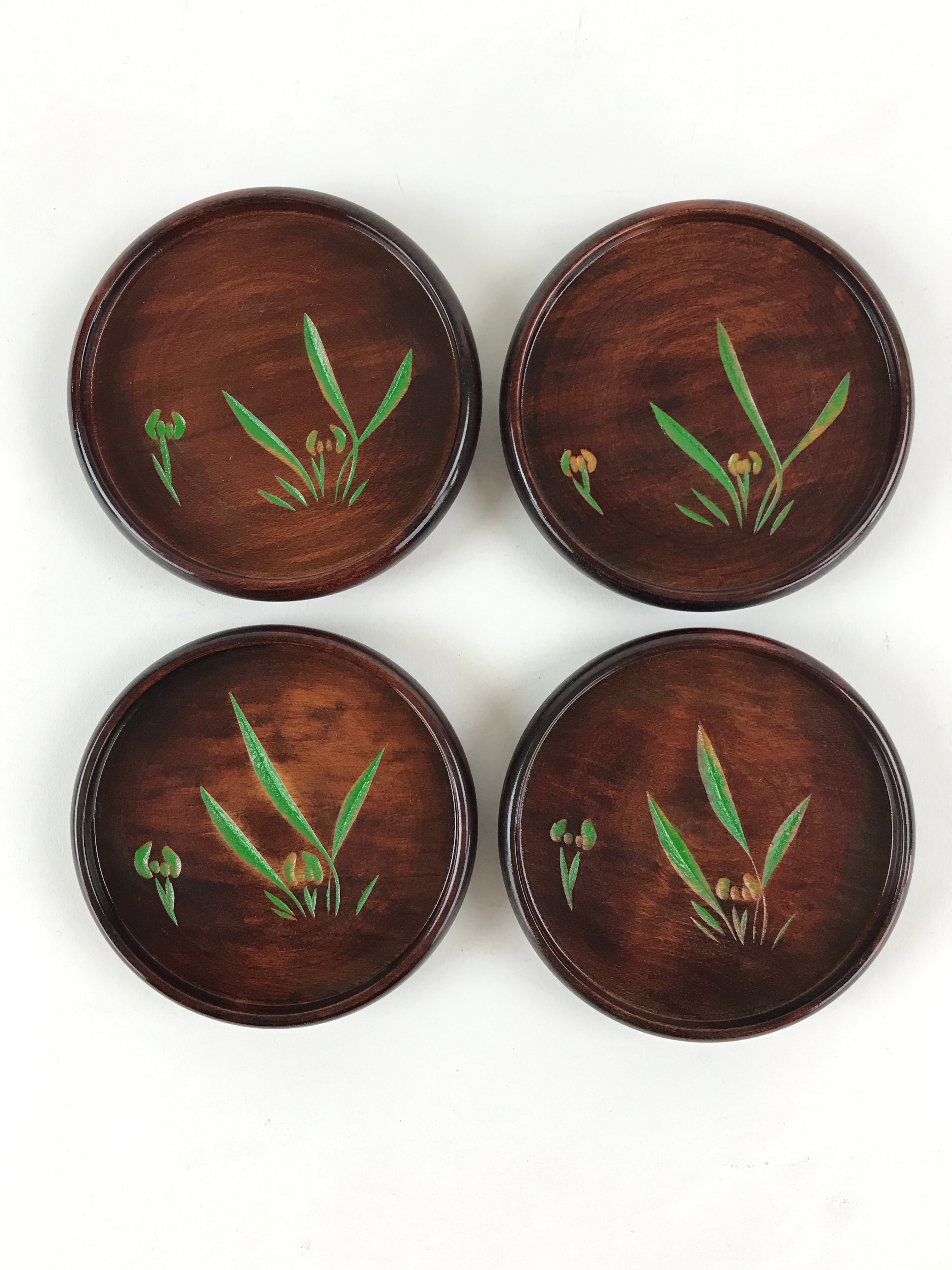 Japanese Wooden Drink Saucer 4pc Set Chataku Coaster Round Green Flower UR923