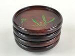 Japanese Wooden Drink Saucer 4pc Set Chataku Coaster Round Green Flower UR923