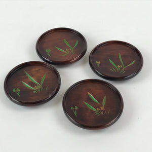 Japanese Wooden Drink Saucer 4pc Set Chataku Coaster Round Green Flower UR923