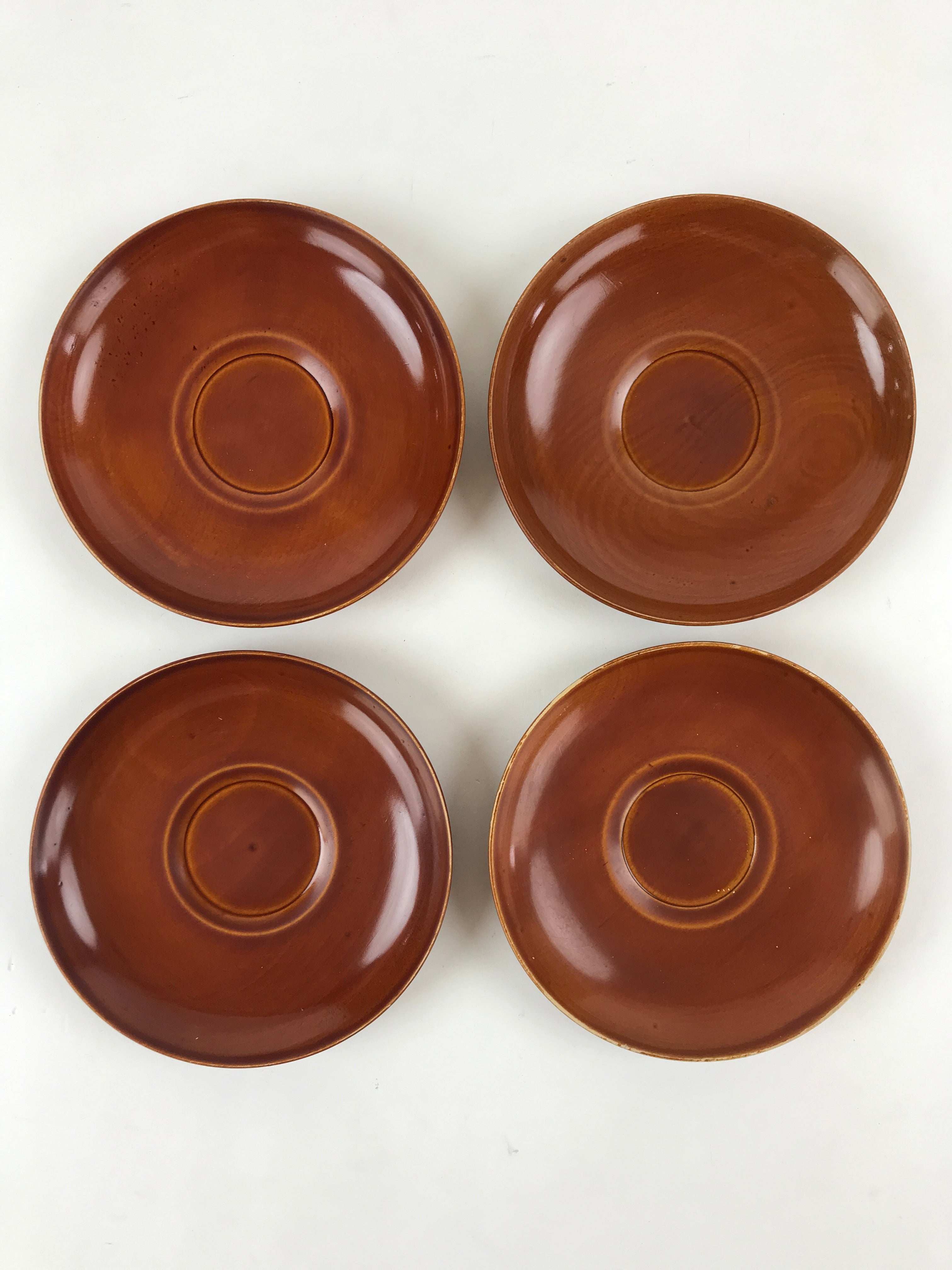 Japanese Wooden Drink Saucer 4pc Set Vtg Chataku Coaster Round Brown UR921