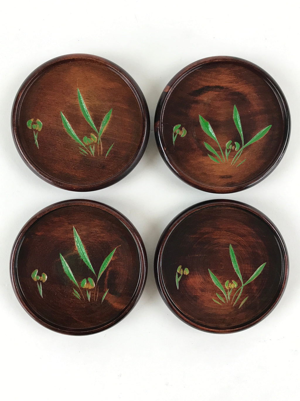 Japanese Wooden Drink Saucer 4pc Set Vtg Chataku Coaster Round Green Flower UR92