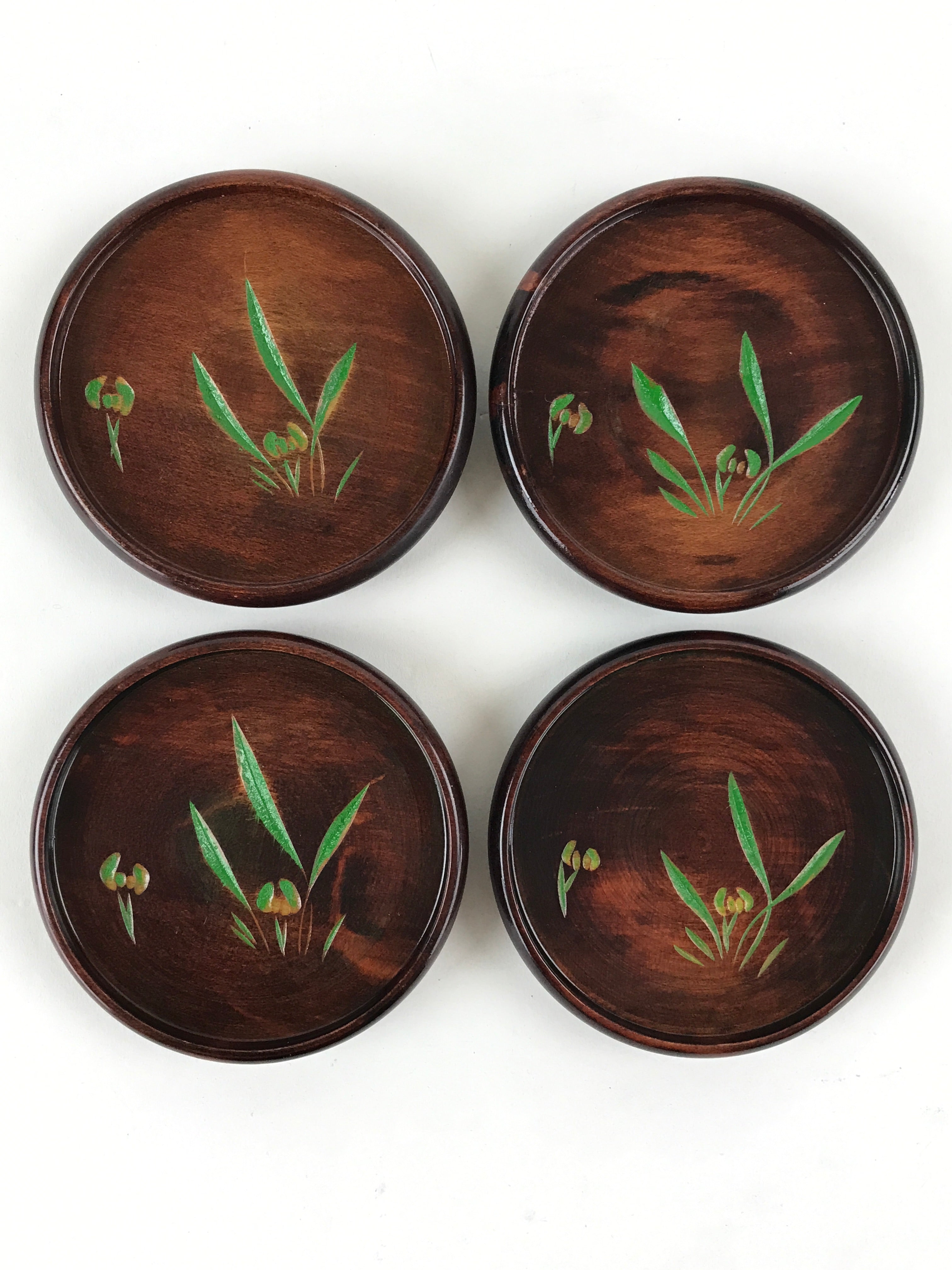 Japanese Wooden Drink Saucer 4pc Set Vtg Chataku Coaster Round Green Flower UR92