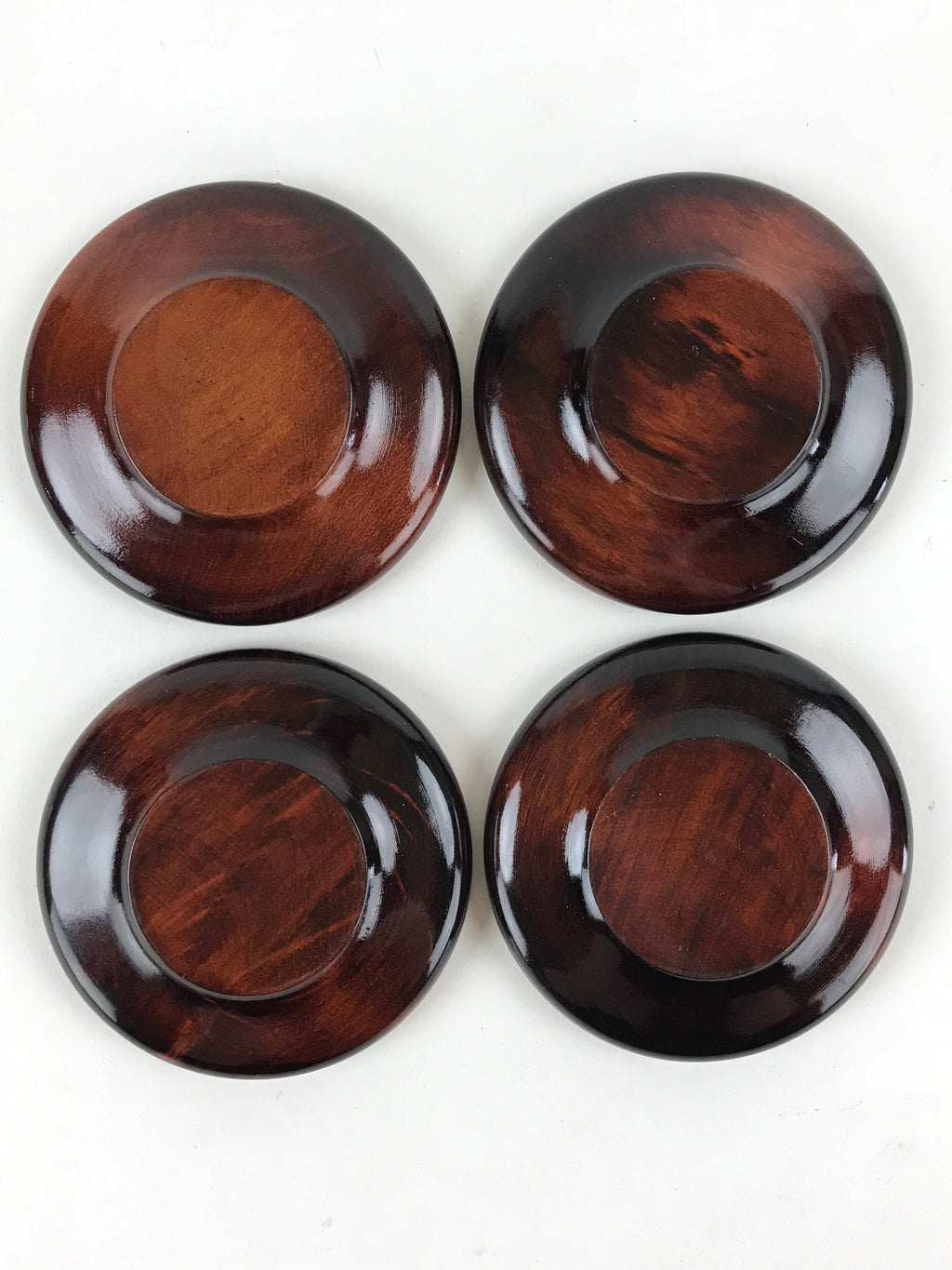 Japanese Wooden Drink Saucer 4pc Set Vtg Chataku Coaster Round Green Flower UR92