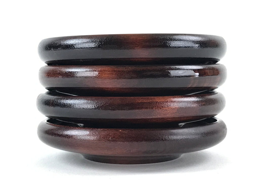 Japanese Wooden Drink Saucer 4pc Set Vtg Chataku Coaster Round Green Flower UR92